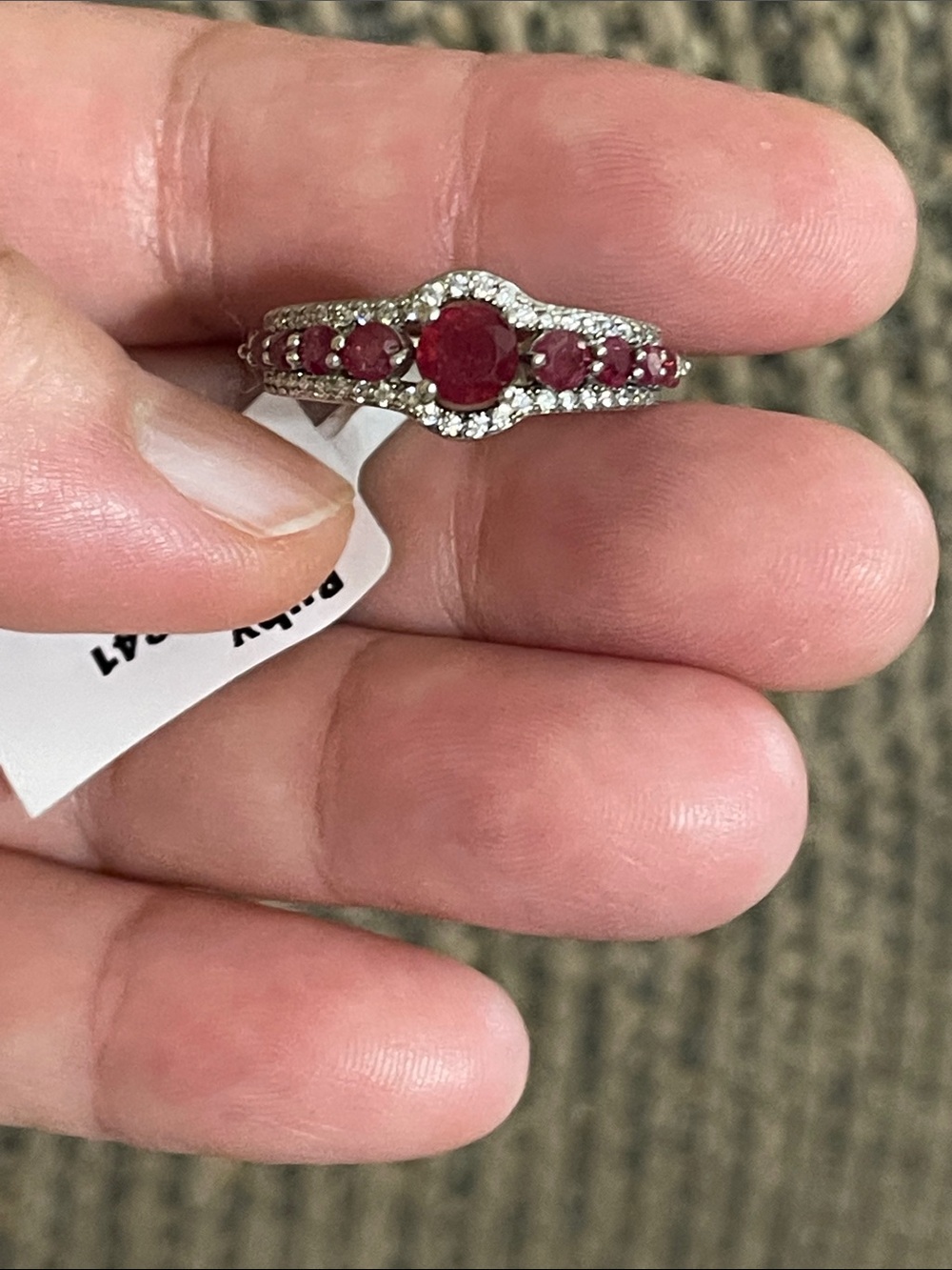 Elegant Natural Red Ruby Gemstone with CZ Accents 935 Silver Halo Ring - Picture 4 of 14